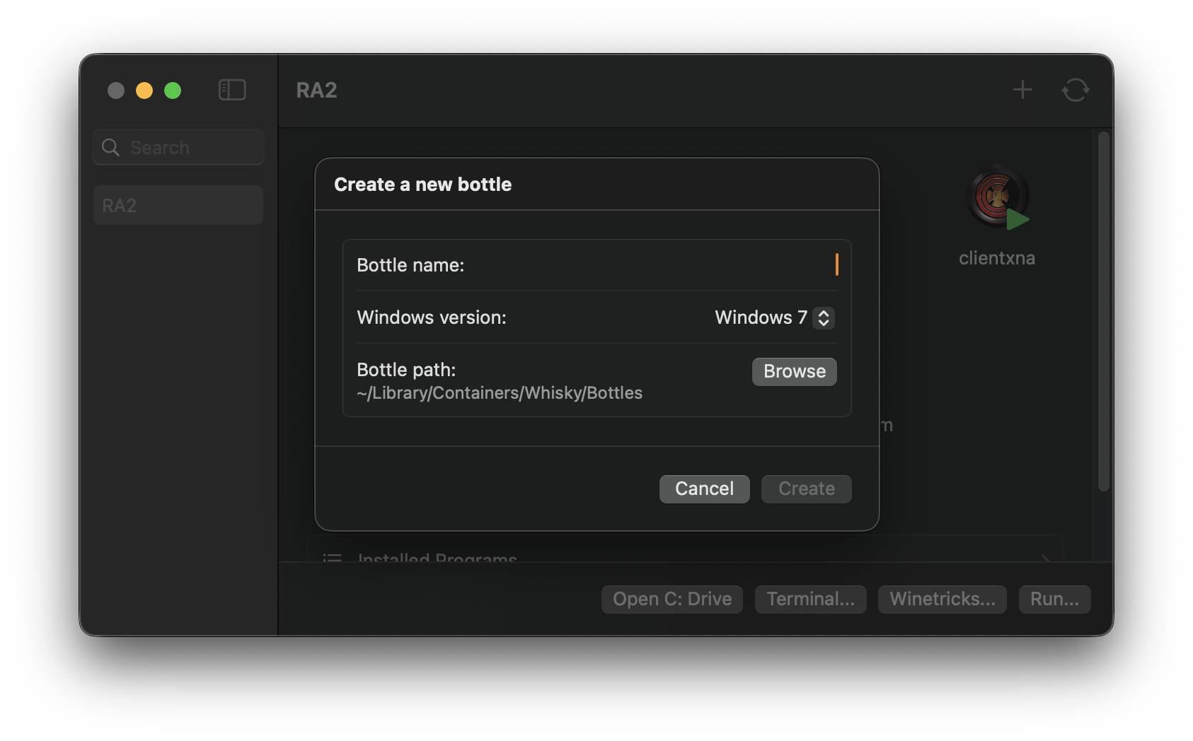 Whisky bottle creation settings showing Windows 7 selection